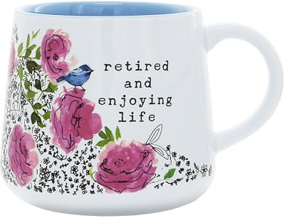 Pavilion Gift Company - Retired And Enjoying Life - 18 Oz Floral Spring Pink Blue Co-Worker Present Retirement Party Meaningful Leaving Gift Coffee Cup Mug