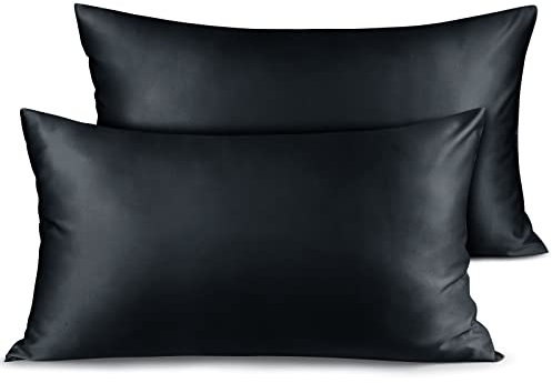 Fittia Premium 2er Set Satin Kissenbezug 40x80cm Superweich Kopfkissenbezug Kissenhülle Kissen mit Hotelverschluss für Haar und Haut, Schwarz