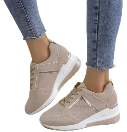 Oculto Tacón Alto Cuña Zapatillas para Mujer - Moda Plataforma Encaje Ligero Zapatos Señoras - La Mejor Elección Transpirable Tenis para Uso Diario (Color: Beige, Talla: 41 EU)