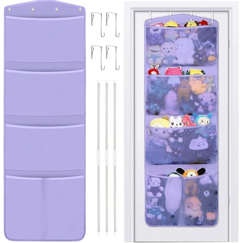 Stuffed Animal Storage, with 3 Large Pockets and 2 Medium Pockets, Over The Door Organizer Storage for Closet, Baby, Plush Toy, Hanging Door Organizer for Nursery, Bedroom, Bathroom, Kids Room(Purple)