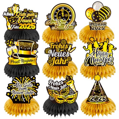 DPKOW 9Stk Deutsch 2025 Neujahr Bienenwabe Mittelstück Tischdeko für Silvester Deko, Frohes Neues Jahr Papier Bienenwaben Deko für 2025 Neujahr Tischdeko Tischaufsätze Alles Gute zum Neuen Jahr