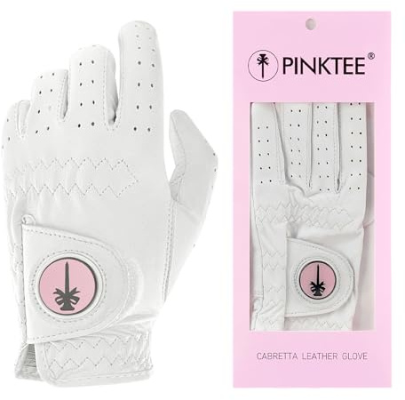 CROWNBLANKS Women's Golf Glove Left Hand Ladies Pink Cabretta Leather Golf Gloves with Removable Magnetic Ball Marker Full Finger(19pink)