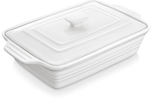 MALACASA Teglia da Forno in Porcellana 3700 ml con Coperchio e Manici, 38,3 x 23,1 x 8,5 cm, Pirofila Rettangolare per Lasagne, Arrosti e Verdure al Forno, Adatta alla Lavastoviglie, Bianca