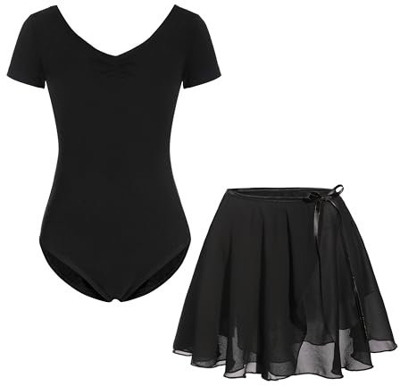 FONLAM Ballettkleid Ballettkleidung Turnanzug Mädchen Kurzarm Tanzkleid Balletttrikot Ballettrock Ballettanzug Kinder (8-9 Jahre, Schwarz)
