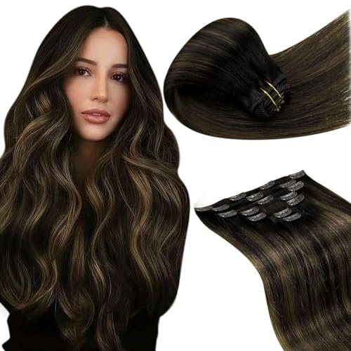 LaaVoo Balayage Clip in Echthaar Extensions 60cm 135g Extensions Echthaar Clip Dunkelstes Braun Ombre Hellbraun Clips in Haarverlängerung Echthaar Extensions Doppelt Tressen 7 Stück #2/8/2