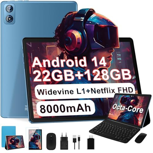 Dghrti Tablette Android, 10.1 FHD - Coque en Métal, 【22Go RAM】+ 128Go ROM/TF 1To, Widevine L1, 8000mAh, Tablet Tactile Caméra 5+8MP,+ Clavier et Souris 2-en-1 - Bleu