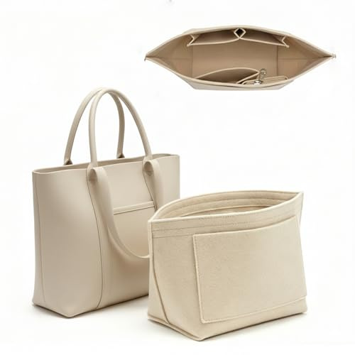lumanothy Organizador de Bolso de Fieltro con Múltiples Bolsillos – Inserto para Bolso con Bolsillo con Cremallera, Organizador Ligero para Tote Bag, Beige, M