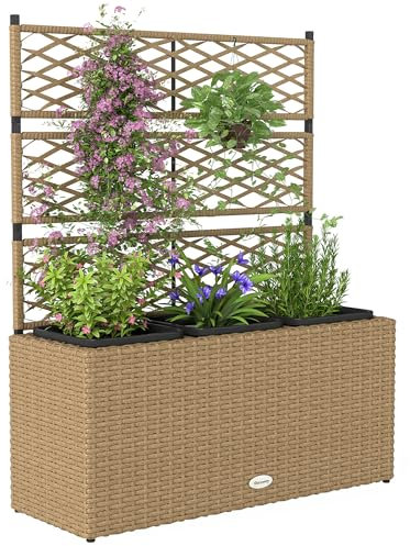 Outsunny Jardinière pour Plantes avec Treillis 3 Pots bacs à Plante jardinière 33L Jardin Balcon Patio terrasse extérieur en résine tressée et Acier 84 x 30 x 107 cm Sable Noir