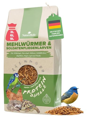 NatureHolic Mehlwürmer & Soldatenfliegenlarven getrocknet | Proteinreiches Futter Vögel, Entenfutter, Nager, Igel, Eichhörnchen, Vogelfutter, Wildvögel Huhn, Reptil | Natürliches Insektensnack (460g)
