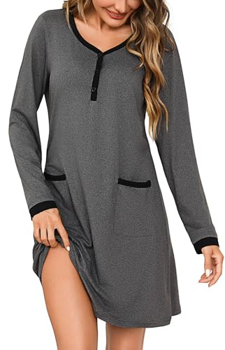 Litherday Camicia da Notte Donna Manica Lunga Cotone Morbido con Tasche e Bottoni, Abito da Notte Lungo Elegante e Comodo, Pigiama Donna Casa Inverno Grigio Scuro XL