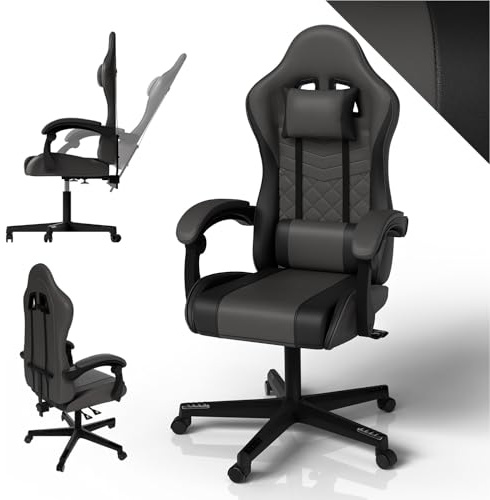 Juskys Gaming Stuhl – PC Stuhl & Bürostuhl in einem, ergonomisch, verstellbare Rückenlehne, höhenverstellbar, Kunstleder Gaming Chair Grau/schwarz
