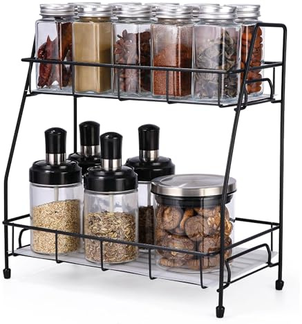 Generico Porta Spezie per Cucina in Metallo – Organizer Cucina Salvaspazio a 2 Livelli, Mensola Porta Spezie Moderna e Robusta per Spezie, Barattoli, Oli e Condimenti – Design Elegante Nero Opaco