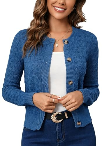 Bolero Mujer Cardigan Corto Hueco Grueso Chaqueta de Punto Manga Larga con Botones Rebecas Cuello Redondo Antiguo Básico Clásico Azul Vaquero XXL