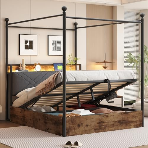 Generisk multifunktionell himmelssäng 140 x 190 cm med hydrauliskt förvaringsutrymme | avtagbar baldakin och smart LED/USB-C | för sovrum, ungdomsrum och kompakta lägenheter | 220 kg lastkapacitet