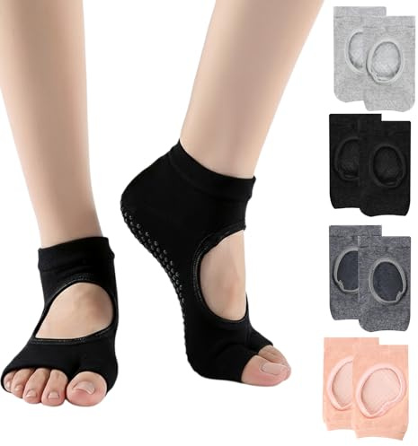 Astralong 4 Paia Calzini da Yoga Donna Senza Dita Antiscivolo, Traspirante Calze con Dita Separate per Donna, Pilates, Barre, Danza, Balletto e Allenamento