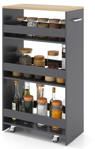 GIANTEX Carrello per Nicchia con Ruote, 4 Livelli，Carrello di Servizio Stretto Salvaspazio, da Bagno, Scaffale da Cucina Sottile 47,5 x 25 x 80,5 cm (Naturale+Grigio, Largo 25 cm)
