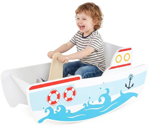 COSTWAY Bateau à Bascule Enfant en Bois avec Angle d'Inclinaison 40°， Cheval à Bascule Thème Nautique avec Siège, Kit Anti-basculement, Fauteuil Bébé Intérieur pour 1-5 Ans, Charge 50kg