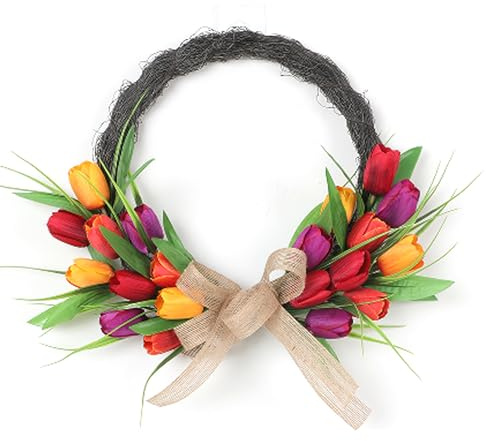 Ahgsup 40 Cm Konstgjord Blomsterkrans, Vårsommar Ytterdörrskrans för Inomhusdekoration, Ingen Blekning, Vattentät och Lätt Att Hänga för Hem, Vägg, öppen Spis eller Fest (Orange Röd Lila Plastring)