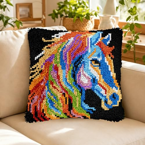 BUTORY 17x17in Latch Hook Pillow Kit DIY Crochet Cushion Cover with Yarn Hook Handmade Craft Present for Adult Beginner(colour-1-horse)