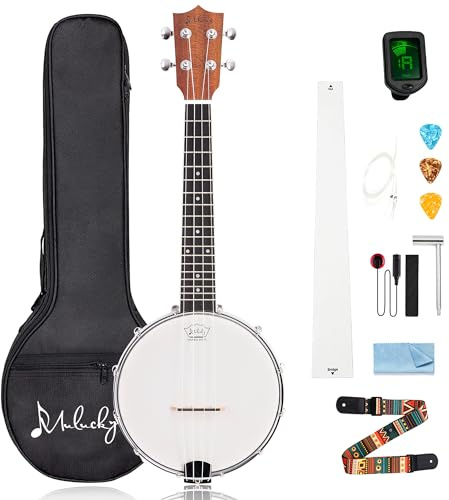 Mulucky Banjolele, 4 Saiten, Banjo-Ukulele, Konzert-Größe, 58,9 cm, geschlossener Massivholzrücken, Anfänger-Set mit Halsstab, Gigbag, Stimmgerät, Saitengurt, Plektren - BU806