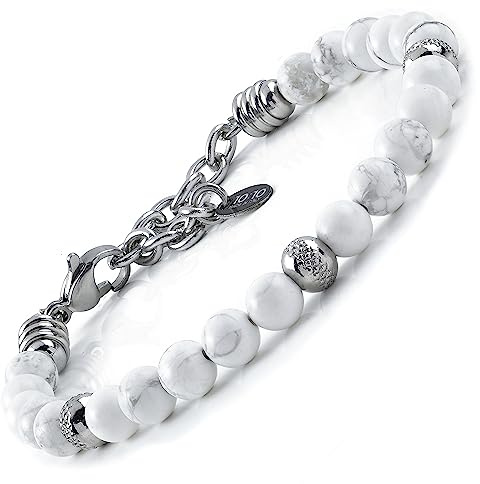 10:10 Edelstahlarmband und 6 mm naturweiße Howlithsteine, Armband für Männer und Frauen. Verstellbares Armband Made in Italy…