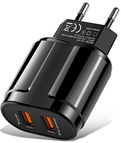 Davilis® Caricatore USB da Parete Muro 2.4A 5V Veloce Caricabatterie Alimentatore Presa USB 2 Porte, Spina per Smartphone Tablet iOS Android (Nero)