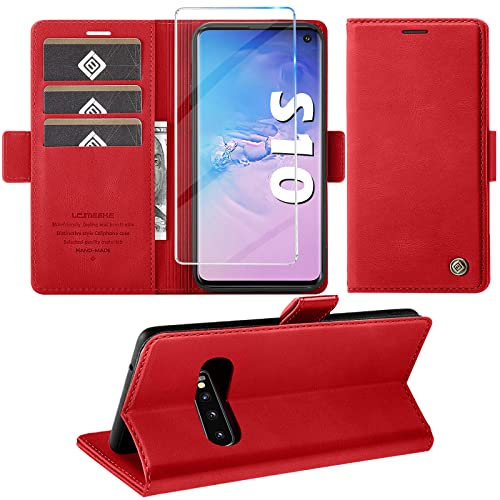 Samsung Galaxy S10 case with tempered glass screen protector mobile phone case Galaxy S10 stand function card slot wallet premium leather protective case S10 flip case cover shockproof flip case (red)
