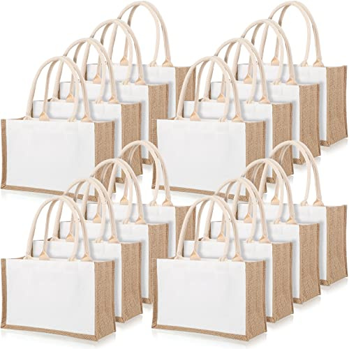 Reginary 16 Pack Burlap Tote Bags Jute Tote Bags with Handles Reusable Blank Canvas Grocery Bag for Women Bridesmaid Wedding Gift DIY Beach Shopping, 12.6 x 8.3 x 5.1 Inch