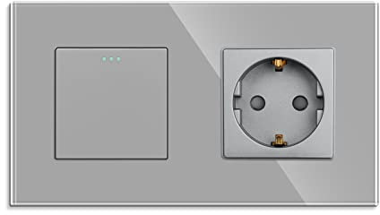 JIMEIDA - Interruptor mural basculante con enchufe Schuko - Gris - Empotrado - 1 compartimento 1 vía - Con placa de vidrio - Con puntos fluorescentes - 10 A - 250 V