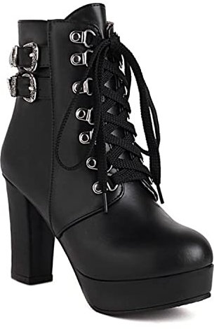 bbruriy High Heel Stiefel für Damen, Damen Chunky Heel Plateaustiefel Heels Sexy Round Toe Lace Up High Heels Mid Wadenstiefel Herbst Winter Mode Kleid Schuh Große Größe 32-48,Schwarz,36
