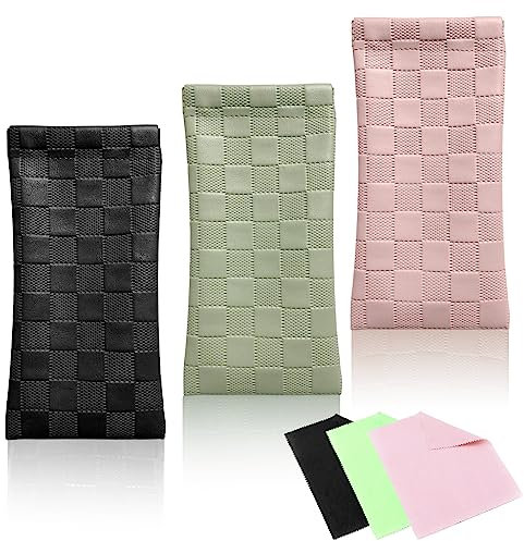 NCOALE 3 Stück PU Leder Brillen etui Schutzhülle mit 3 Stück Brillenputztuch, Tragbar Quetschoberteil Brillentasche Brillen Sonnenbrille Aufbewahrungsetui (Schwarz, Grün, Rosa)