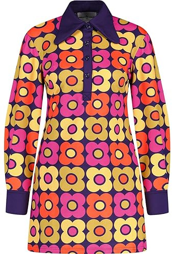 Madcap England Women's Retro Mod 60s 70s 1960s 1970s Sixties Seventies Vintage Style Dagger Spear Collar Polo Dress Daydream MC1000 (10, Purple/Retro Daisy)