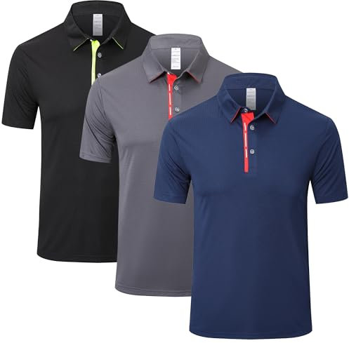 ZENGVEE 3 Pack Men's Polo Shirts Short Sleeve Quick Dry Breathable Golf Polo Shirt for Men Adult UK Outdoor Sport Casual Work Golf Tennis Tops Classic Polo Collared T-Shirts(0509-Black Grey Navy-L)