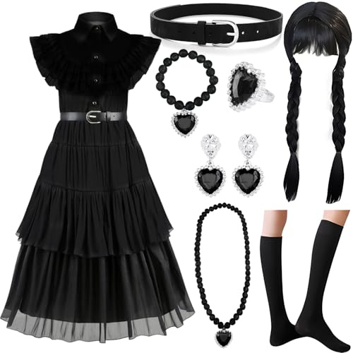 NCKIHRKK Kit de Déguisement Halloween Costume pour Filles, Princesse Robe Deguisement Enfant Fille avec Perruque Accessoires, Halloween Carnaval Anniversaire Fête Cosplay Deguisement pour Filles, 130