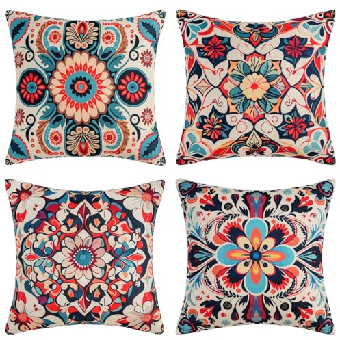 DakTou Fundas de Cojines Boho 45x45 Juego de 4 Bohemio Granja Retro Etnico Floral Mandala Colores Geométrico Fundas de Almohadones Decoradas de Lino para Sofá Sala Cama Decoración para Hogar