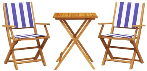 vidaXL Ensemble de Bistro 3 pcs Bleu et Blanc Tissu et Bois Massif, Ensemble de Bistro de Jardin, Ensemble de Balcon, Ensemble de Meubles d'extérieur