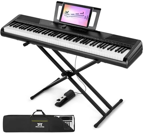 MUSTAR 88 Key Piano Keyboard for Beginners, Digital Piano 88 Semi Weighted Key with Stand, Full Size Electric Piano Keyboard 88 Keys, 2x25W Stereo Speakers, Case, Sustain Pedal (Black)