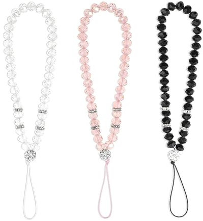 IUHRIE 3 Pièces Dragonne de Téléphone en Perles de Cristal Brillantes,Chaînes Élégantes,Accessoire Anti-Perte pour Smartphone,Bijou Décoratif Polyvalent,pour Femmes