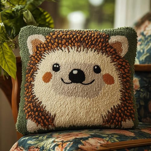 Henypt Kit Point Noué Coussin, Crochet de Verrouillage Kits de Coussins avec Crochet, Tapis Point Noué à Faire, Coussin au Point Noué 43x43cm(Hérisson mignon)