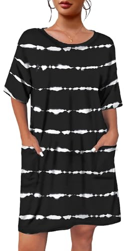 Ekouaer Womens Nightgown with Pockets Nightgowns for Women Short Sleeves T shirt Night Dress Sleep Shirts for Women Plus Size Black Stripe XL