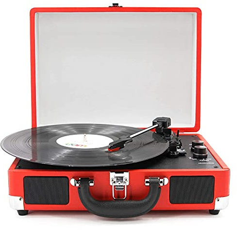 SGKOMN Giradischi a Valigia, Giradischi Bluetooth con Altoparlanti Stereo integrati, Giradischi a 3 velocità, Supporta Jack per Cuffie AUX RCA, Red