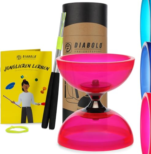 Diabolo Fritidssport jonglerings-set Pro med kullagrad Diabolo (transparent rödrosa), handpinnar av aluminium, ersättningssladd (160 cm) och tryckt instruktioner
