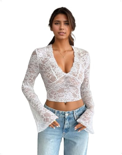 EMOTTOS Tops Cortos Y2K Mujer, Top Sexy Semitransparente Encaje Floral y Malla, Manga Larga Acampanada Aberturas, Corte Ajustado, Escote en V, Camiseta elástica, Blanco, Talla única
