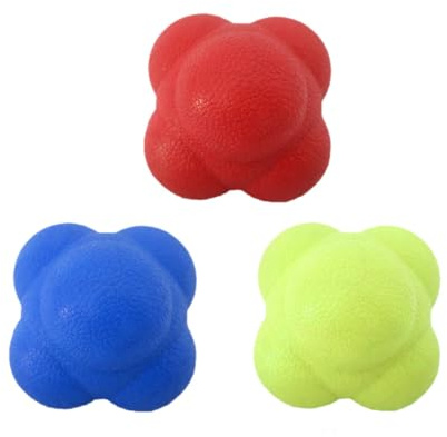 WOONEKY Pelota de reacción de Agilidad 3 Piezas Seis Caras Rebote Alta dificultad Rojo Azul Amarillo Entrenamiento coordinación Mano-Ojo para Deportes de Tenis béisbol y bádminton