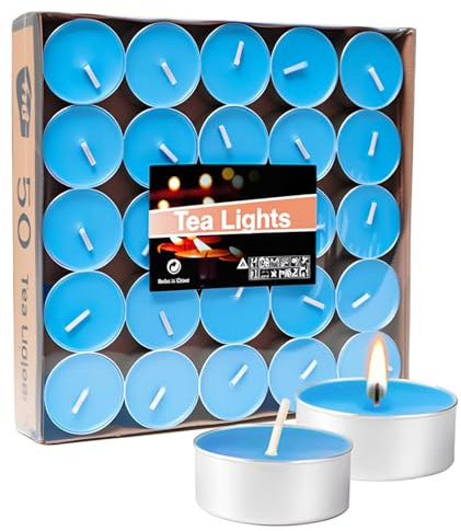 Artisoul® 50 Pezzi Lumini Candela Tealight Premium - Durata 4,5 Ore di Combustione Mini candele - Non profumate e Senza Fumo Privo di Inquinanti - Tè Luci Ceri Votivi Candele da Tè- Blu