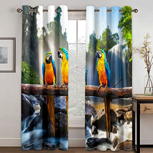 SHATOS Gardinen Küche Schlafzimmer 3D Wasserfall Papageienmädchen Muster H 160 X B 200 cm 2Er Set Blickdichter Vorhang Kinderzimmer Küche Energiesparende Geräuschreduzierende Kindergardinen