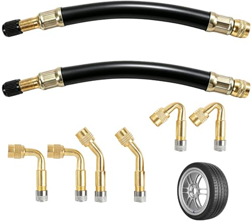 8 Piezas Extensiones de Válvula para Neumáticos, Adaptadores Angulares 45° 90° 135°, 2 Extensiones Flexibles de 180mm, Compatible con Bicicletas, Motos, Coches y Scooters con Válvula Schrader