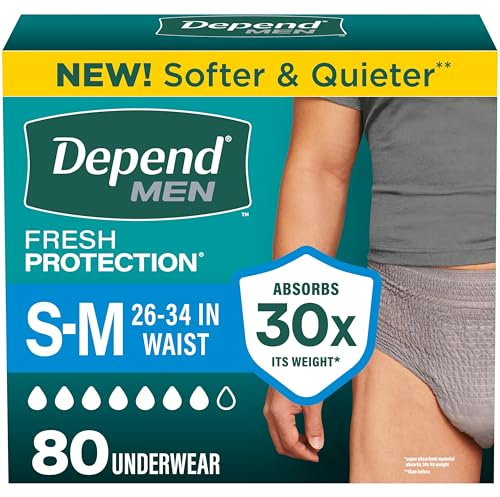 Depend Fresh Protection Adult Diapers, Incontinence Underwear for Men, Disposable, Maximum, Small/Medium, Grey, 80 Count (2 Packs of 40), Packaging May Vary