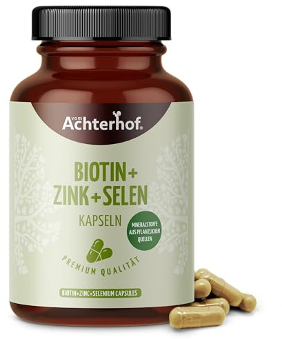 Biotin-Zink-Selen Komplex 120 Kapseln | mit Zink aus Guaven Extrakt, Selen aus Senfsaat Extrakt, Vitamin C und Brennnesselsamenpulver | hochdosiert 10.000 mcg Biotin | 100% vegan | vom Achterhof