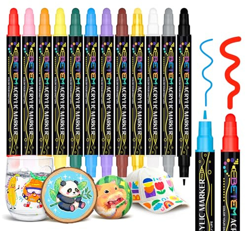 Betem 12 Colores Rotuladores Acrilicos Doble Punta, Marcadores Acrílicos para Pintar Piedras, Tela, Madera, Lienzo, Cerámica, Graffiti, Vidrio, Rotuladores Lettering para Artesanías